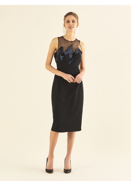 Payetli Ve Tül Detaylı Abiye Elbise Siyah K1911503_001