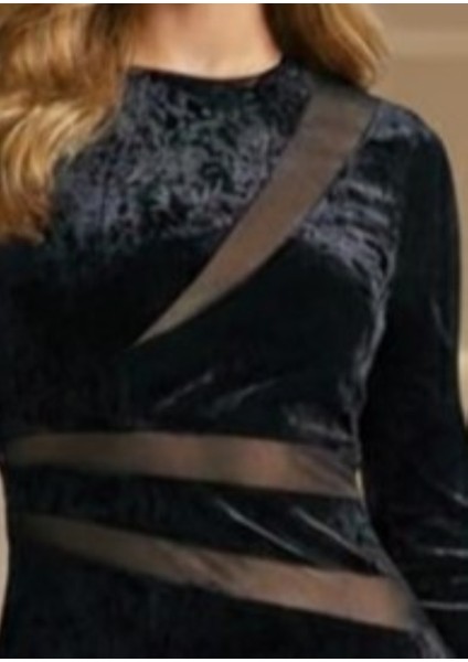 -Abiye Elbise Tül Detaylı Kadife Uzun Kollu