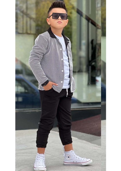 Erkek Çocuk Su Yolu Çizgili Ceket Penye Kazak 2 Iplik Pantolon Siyah Alt Üst Takım