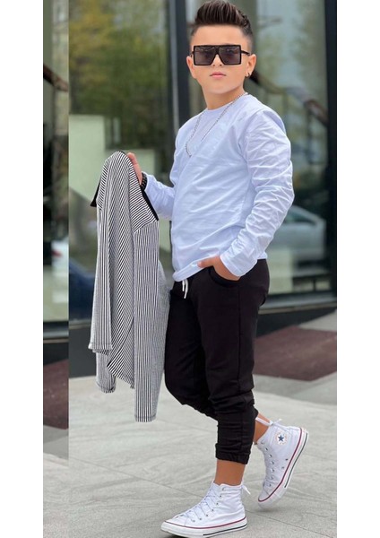 Erkek Çocuk Su Yolu Çizgili Ceket Penye Kazak 2 Iplik Pantolon Siyah Alt Üst Takım fiyatları