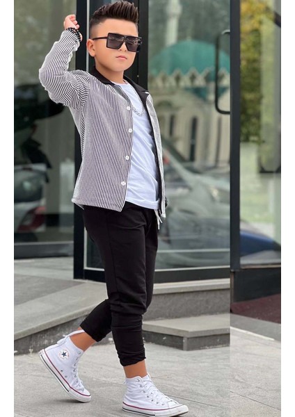 Erkek Çocuk Su Yolu Çizgili Ceket Penye Kazak 2 Iplik Pantolon Siyah Alt Üst Takım modelleri