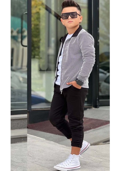 Erkek Çocuk Su Yolu Çizgili Ceket Penye Kazak 2 Iplik Pantolon Siyah Alt Üst Takım fırsatları