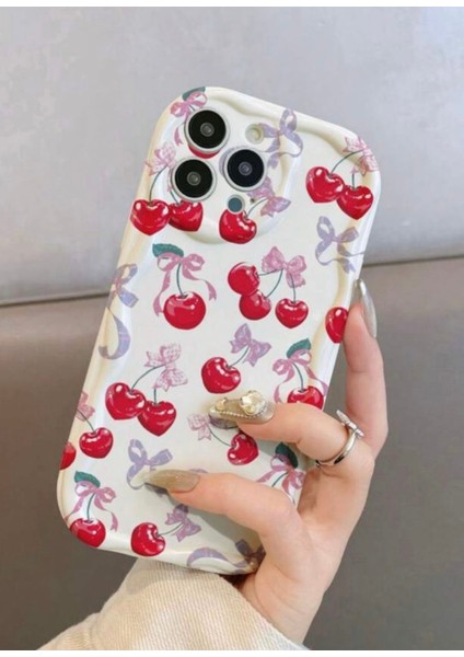 IPHONE 13 Promax Kiraz / Fiyonk Desenli Ekru Renk Kılıf