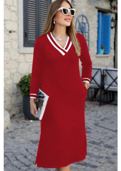 Kadın Uzun Kollu V Yakalı Yandan Yırtmaçlı Iki Iplik Midi Elbise fiyatları