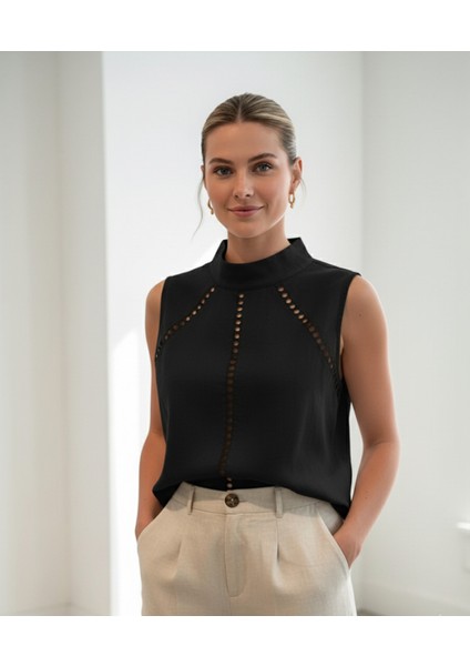 -Gömlek Dik Yaka, Gevşek ve Şık Oyma Dantel Kontrast Dekoratif modelleri