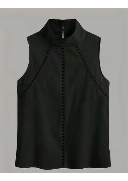 -Gömlek Dik Yaka, Gevşek ve Şık Oyma Dantel Kontrast Dekoratif fırsatları