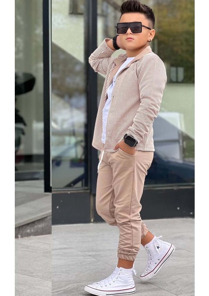 Erkek Çocuk Su Yolu Çizgili Ceket Penye Kazak 2 Iplik Pantolon Krem Alt Üst Takım