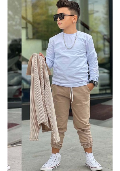Erkek Çocuk Su Yolu Çizgili Ceket Penye Kazak 2 Iplik Pantolon Krem Alt Üst Takım fiyatları