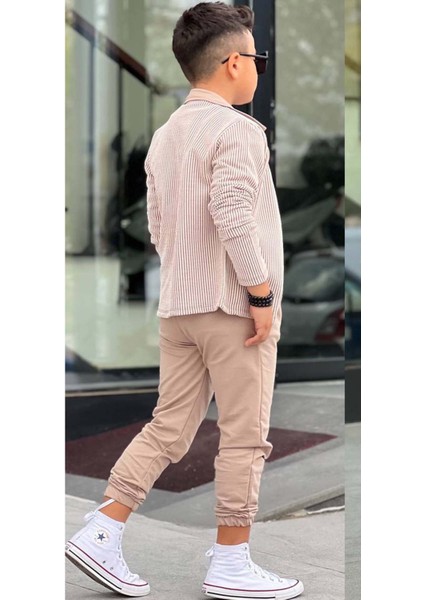 Erkek Çocuk Su Yolu Çizgili Ceket Penye Kazak 2 Iplik Pantolon Krem Alt Üst Takım modelleri