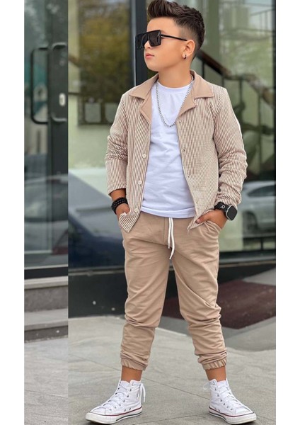 Erkek Çocuk Su Yolu Çizgili Ceket Penye Kazak 2 Iplik Pantolon Krem Alt Üst Takım fırsatları