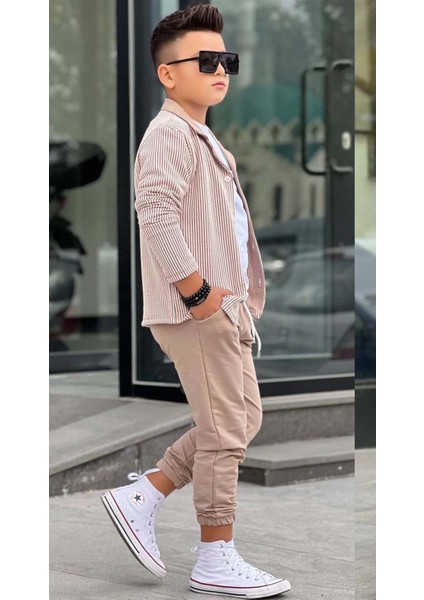 Erkek Çocuk Su Yolu Çizgili Ceket Penye Kazak 2 Iplik Pantolon Krem Alt Üst Takım indirimleri