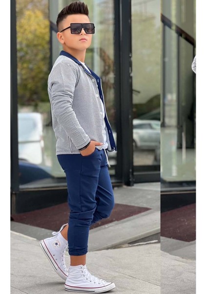 Erkek Çocuk Su Yolu Çizgili Ceket Penye Kazak 2 Iplik Pantolon Lacivert Alt Üst Takım