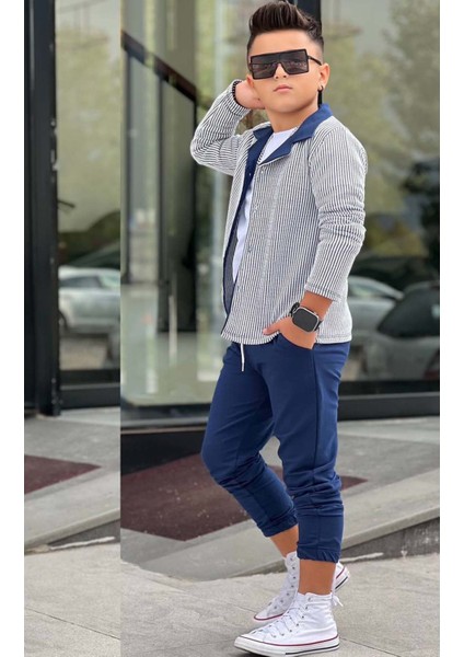 Erkek Çocuk Su Yolu Çizgili Ceket Penye Kazak 2 Iplik Pantolon Lacivert Alt Üst Takım fiyatları