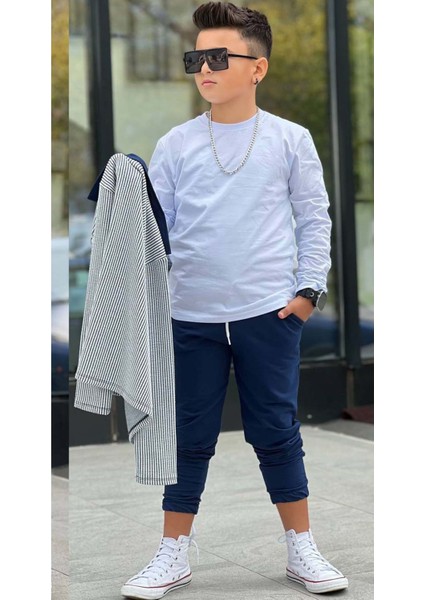 Erkek Çocuk Su Yolu Çizgili Ceket Penye Kazak 2 Iplik Pantolon Lacivert Alt Üst Takım modelleri