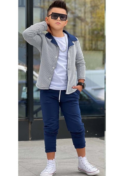 Erkek Çocuk Su Yolu Çizgili Ceket Penye Kazak 2 Iplik Pantolon Lacivert Alt Üst Takım fırsatları