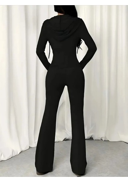 Kadın Uzun Kollu Kapşonlu Bağcıklı Önü Fermuarlı Viskon Iki Iplik Bluz ve Pantolon Ikili Takım fırsatları