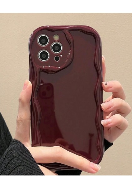 IPHONE 12 Promax 3D Dalgalı Kabartmalı Parlak Yüzeyli Bordo Kılıf