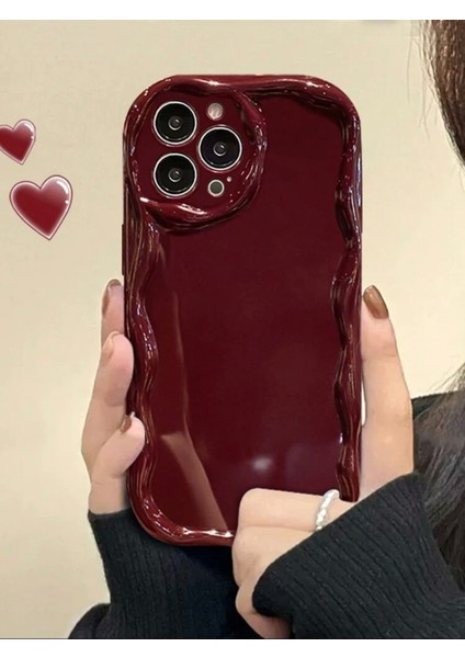 IPHONE 12 Promax 3D Dalgalı Kabartmalı Parlak Yüzeyli Bordo Kılıf modelleri