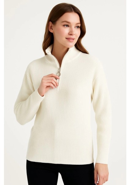 Kadın Yarım Fermuarlı Triko Kazak – Selanik Örgü, Dik Yaka, Pamuklu Dokuma, Oversize Uzun Kollu Kışlık Model - Beyaz fırsatları
