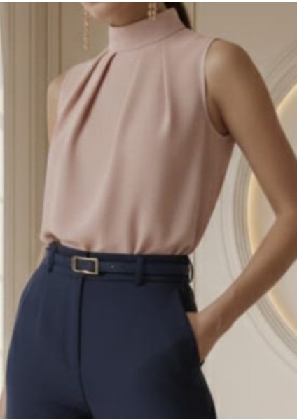 -Bluz Şık Yüksek Yaka Kolsuz- Düz Renk Ofis ve Günlük Kullanım Pembe