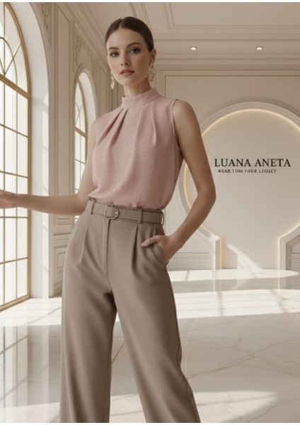 -Bluz Şık Yüksek Yaka Kolsuz- Düz Renk Ofis ve Günlük Kullanım Pembe modelleri