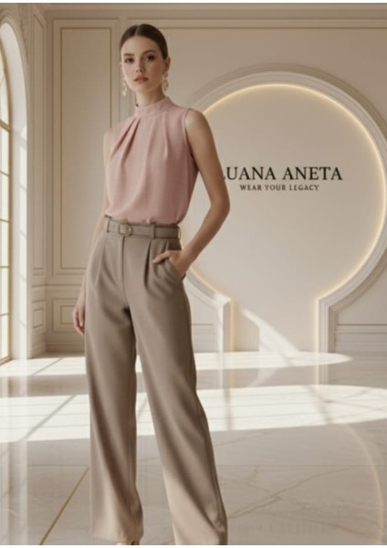 -Bluz Şık Yüksek Yaka Kolsuz- Düz Renk Ofis ve Günlük Kullanım Pembe fırsatları