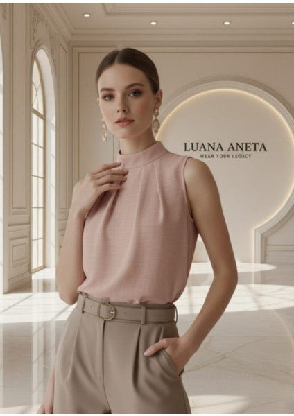 -Bluz Şık Yüksek Yaka Kolsuz- Düz Renk Ofis ve Günlük Kullanım Pembe indirimleri