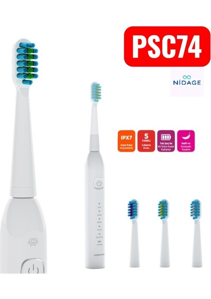 Polosmart PSC74 Diş Fırçası Ipx7 Waterproff 3+1 Başlık 500 Mah