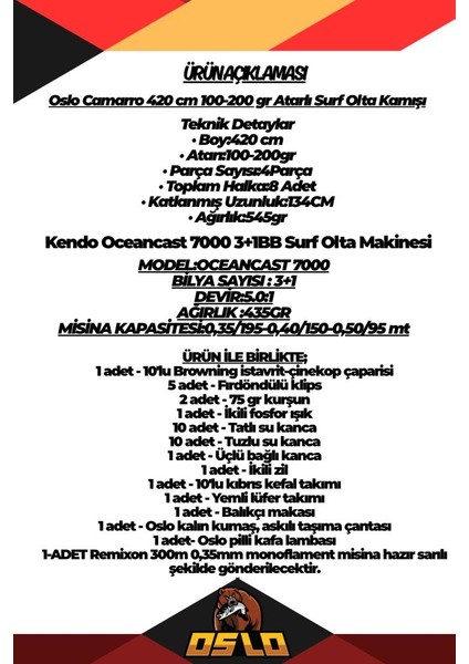 Camarro 420CM 100-250GR Kendo Oceancast 7000 Surf Olta Seti fiyatları