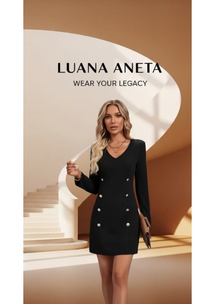 -Elbise Şık V Yaka Uzun Kollu Dekoratif Düğmelerle Kadın fiyatları