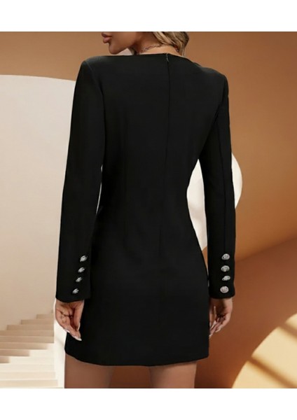 -Elbise Şık V Yaka Uzun Kollu Dekoratif Düğmelerle Kadın modelleri