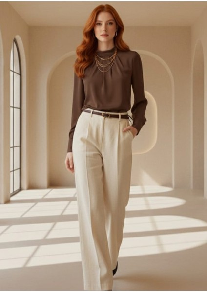 -Bluz Twist Yaka Kahverengi Şık Uzun Kollu