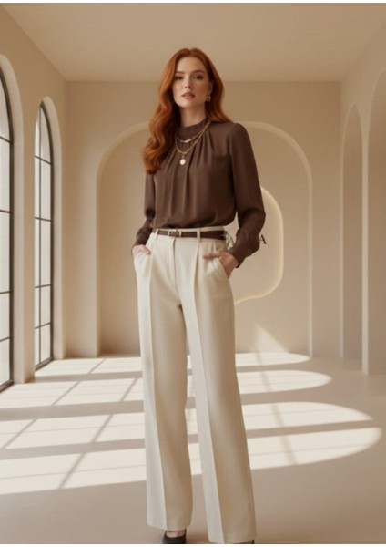 -Bluz Twist Yaka Kahverengi Şık Uzun Kollu fiyatları