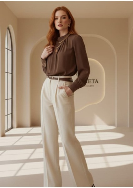 -Bluz Twist Yaka Kahverengi Şık Uzun Kollu modelleri