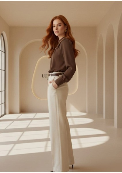 -Bluz Twist Yaka Kahverengi Şık Uzun Kollu fırsatları