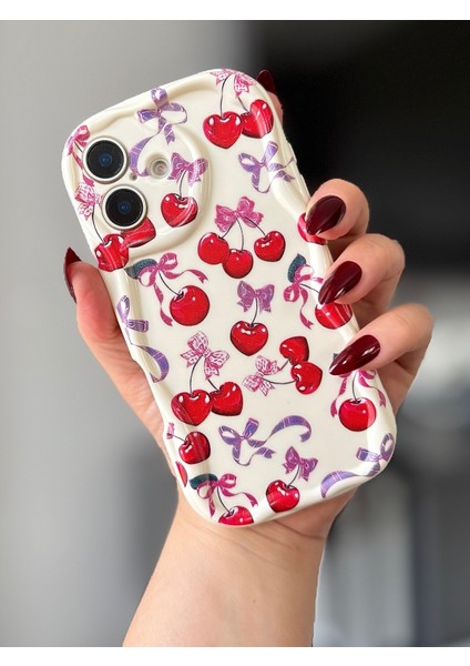IPHONE 16 Kiraz / Fiyonk Desenli Ekru Renk Kılıf
