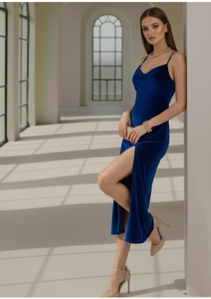 -Elbise Kadife Kraliyet Mavisi