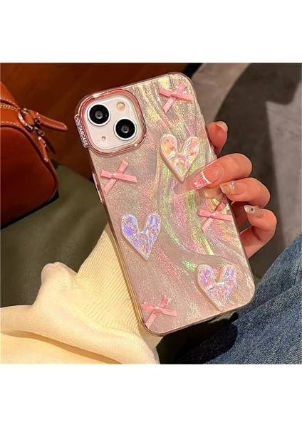 IPHONE 13/14/15 Uyumlu Rose Gold Simli 3D Fiyonk ve Kalp Dekorlu KILIF15