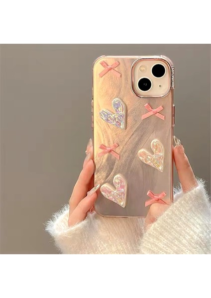 IPHONE 13/14/15 Uyumlu Rose Gold Simli 3D Fiyonk ve Kalp Dekorlu KILIF15 fiyatları