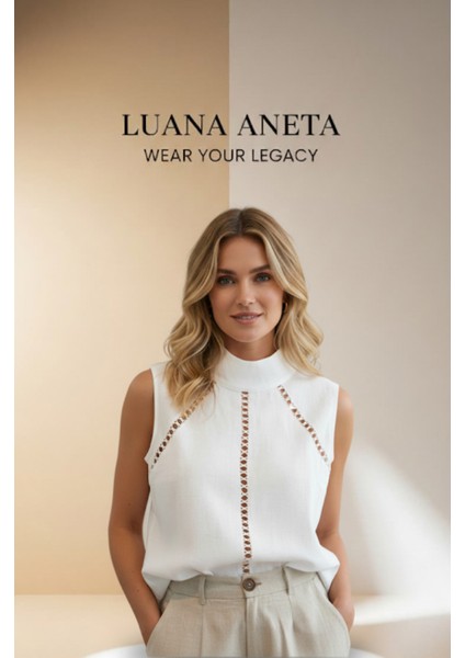 -Gömlek Dik Yaka, Gevşek ve Şık Oyma Dantel Kontrast Dekoratif