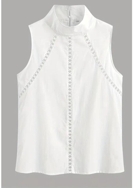 -Gömlek Dik Yaka, Gevşek ve Şık Oyma Dantel Kontrast Dekoratif fırsatları