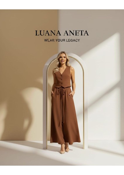 -Blazer Yelek Etek Takımı Kahverengi Kadın V Yaka Kolsuz