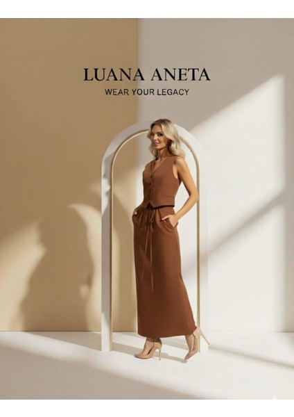 -Blazer Yelek Etek Takımı Kahverengi Kadın V Yaka Kolsuz fiyatları