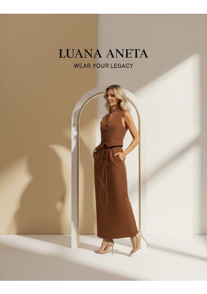 -Blazer Yelek Etek Takımı Kahverengi Kadın V Yaka Kolsuz fırsatları