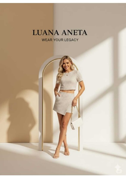 -Bluz Etek Takım Kadınlar Için Ekose Desenli Yuvarlak Yaka Günlük Aneta Luana