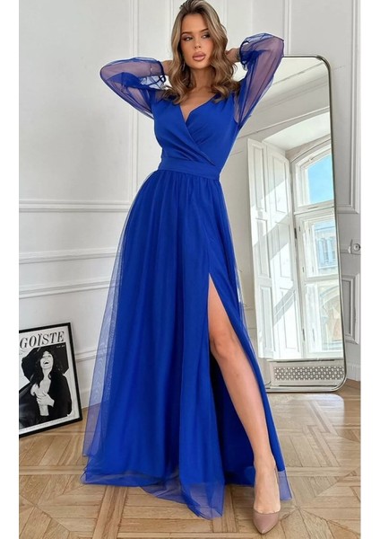 Kadın Uzun Kollu Kruvaze Yakalı Belden Kuşaklı Tüllü Uzun Ithal Krep Elbise