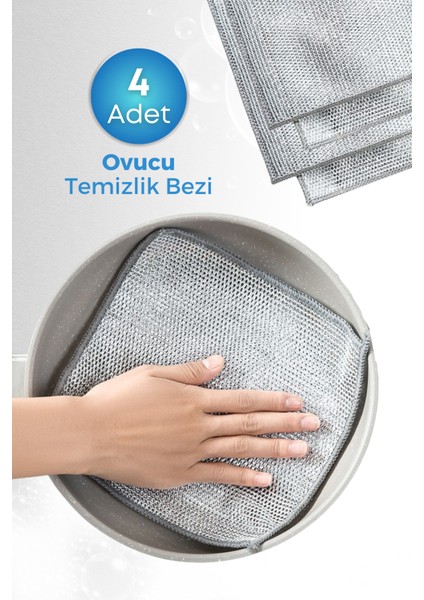 4 Adet Inox Telli Ovucu 2 Katlı Temizlik Bezi- Çizmez Bulaşık Bezi Bulaşık Teli 20X20 cm