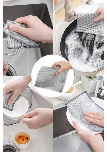 4 Adet Inox Telli Ovucu 2 Katlı Temizlik Bezi- Çizmez Bulaşık Bezi Bulaşık Teli 20X20 cm