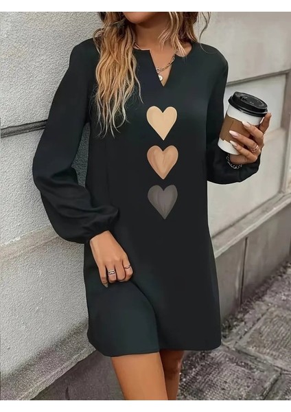 Kadın Uzun Kollu V Yakalı Kalp Desenli Mini Ithal Krep Elbise fırsatları