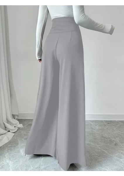 Kadın Yüksek Bel Düğmeli Geniş Paçalı Ithal Krep Pantolon